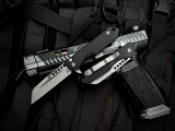 Heretic Knives Jinn Button Lock Flipper Black Aluminum body w/ Magnacut Battleworn Plain Edge Blade (3") H213-5A