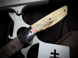 Jason Clark Custom Knives Model 78 Folder Anodized Titanium Frame, Mammoth Ivory Scales, Black Timascus Bolster w/ Damasteel Plain Edge Blade