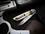 Jason Clark Custom Knives Model 78 Folder Anodized Titanium Frame, Mammoth Ivory Scales, Black Timascus Bolster w/ Damasteel Plain Edge Blade