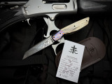 Jason Clark Custom Knives Model 78 Folder Anodized Titanium Frame, Mammoth Ivory Scales, Black Timascus Bolster w/ Damasteel Plain Edge Blade