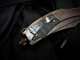 Marfione Custom Matrix-R Flipper "The Last Crusade" 1 of 1 Carbon Fiber Crusader Cross, Bloodwashed Titanium Body, and Steel Flame Pocket Clip w/ M390 Mirror Polished Plain Edge Blade (3.75")