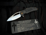 Marfione Custom Matrix-R Flipper "The Last Crusade" 1 of 1 Carbon Fiber Crusader Cross, Bloodwashed Titanium Body, and Steel Flame Pocket Clip w/ M390 Mirror Polished Plain Edge Blade (3.75")
