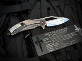Marfione Custom Matrix-R Flipper "The Last Crusade" 1 of 1 Carbon Fiber Crusader Cross, Bloodwashed Titanium Body, and Steel Flame Pocket Clip w/ M390 Mirror Polished Plain Edge Blade (3.75")