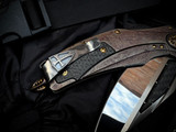 Marfione Custom Matrix-R Flipper "The Last Crusade" Crusader Cross Bloodwashed Titanium Body and Steel Flame Pocket Clip w/ M390 Mirror Polished, Carbon Fiber Inlaid Plain Edge Blade (3.75")