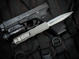 PRE-OWNED Microtech Dirac Delta D/E Natural Clear Aluminum Body w/ Apocalyptic Double Full Serrated Blade (3.8") 227-D12APNC