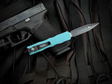 PRE-OWNED Microtech Dirac D/E Cyan Aluminum Body w/ M390MK Black Plain Edge Blade (2.92") 225-1CN