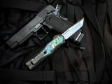 Heretic Knives Custom Colossus Black Aluminum Abalone Inlaid Body w/ Elmax Hand Ground Mirror Polished Tanto Plain Edge Blade (3.5")