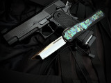 Heretic Knives Custom Colossus Black Aluminum Abalone Inlaid Body w/ Elmax Hand Ground Mirror Polished Tanto Plain Edge Blade (3.5")