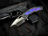 Heretic Knives Custom Medusa Manual Folder Entropic Anodized Titanium Inlaid Carbon Fiber Body w/ Elmax Hand Ground DLC Tanto Plain Edge Blade (3")
