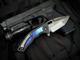 Heretic Knives Custom Medusa Manual Folder Entropic Anodized Titanium Inlaid Carbon Fiber Body w/ Elmax Hand Ground DLC Tanto Plain Edge Blade (3")
