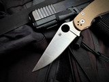 PRE-OWNED Spyderco Military 2 Brown Canvas Micarta Scales w/ CPM Cruwear Plain Edge Blade (4") C36MPCW2