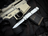 CONSIGNMENT Microtech Ultratech S/E Deep Engraved Storm Trooper White Aluminum Body w/ White Plain Edge Blade (3.4") 121-1STD