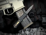 CONSIGNMENT Microtech Hera II Mini Bayonet 30th Anniversary Claw Burst Deep Engraved Black Aluminum Body w/ Damascus Plain Edge Blade (2.9") 1701M-16 CBS 30TH