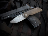 CONSIGNMENT Boker M4 Sherman-Damast Custom Folder Burlap Micarta Top Handle w/ 80 Layer Sherman Tank Damascus Plain Edge Blade (3") 110662DAM
