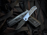Flytanium Arcade Folder Carbon Fiber Inlaid Blue Aluminum Scales w/ S35VN DLC Plain Edge Blade (3.2") FLY-1308