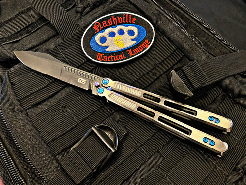 EOS Trident Balisong Butterfly Knife 4.15” S30V Black Blade Satin Milled Titanium Handles and Blue Hardware-Knives-EOS-Mimeocase Tactical/ Nashville Tactical Lounge