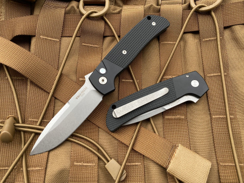 Pro-Tech Terzuola ATCF Auto Folder Black Textured G10 Inlays w/ Mother of Pearl Button and Stonewashed Magnacut Blade BT2714