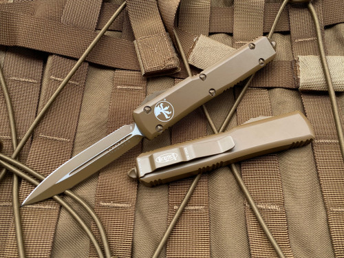 Microtech Ultratech D/E Tan Cerakote Aluminum Body w/ Tan Cerakote Plain Edge Blade (3.4") 122-1CTA