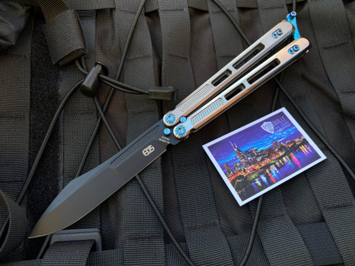 EOS Trident Balisong Satin Titanium Handles w/ Blue Hardware and Drop Point DLC S30V Blade (4.5”)