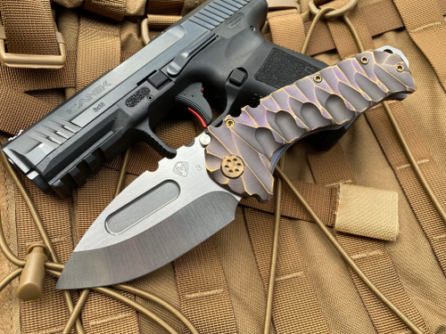 Medford Praetorian T “FAF” Violet-Bronze Predator Sculpted Body and Bronzed Hardware/Bronzed Brushed Clip w/ Tumbled Drop Point 3V Blade (3.75”)