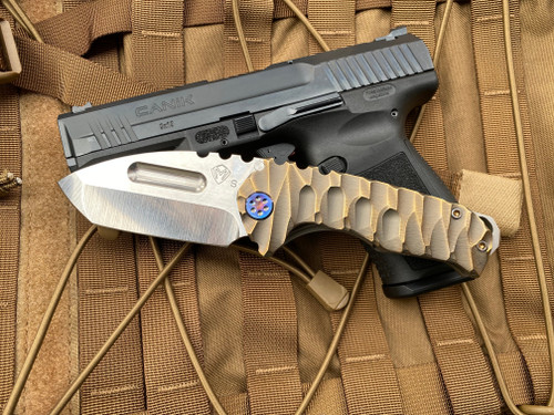 Medford Praetorian Genesis Ti Violet-Bronze Sculpted Predator Body and Flamed Hardware/Clip w/ Tumbled Tanto S35VN Blade (3.3”)