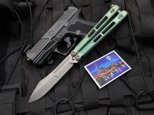 EOS Trident Balisong Antique Green Titanium Handles w/ Bronzed Hardware and Drop Point S30V Blade (4.5”)