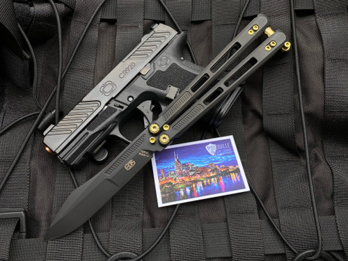 EOS Trident Balisong Black Titanium Handles w/ Gold Hardware and Drop Point DLC S30V Blade (4.5”)