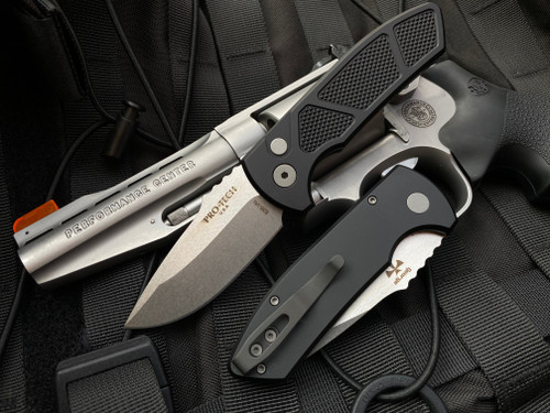 Pro-Tech Les George Design SBR Auto Folder Black w/ Machined Knurled Handle and Stonewashed/Satin S35VN Blade (2.5”)
