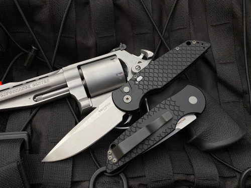 Pro-Tech TR-3 Black Fish Scale Pattern Handle w/ DLC Pocket Clip and Stonewashed Magnacut Blade (3.5”)