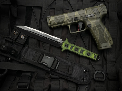 Nephilim D/E Full Serrated Fixed Blade Green G10 Handle w/ Battleworn Black Blade (6.5”) H003-8C-GRNBLK