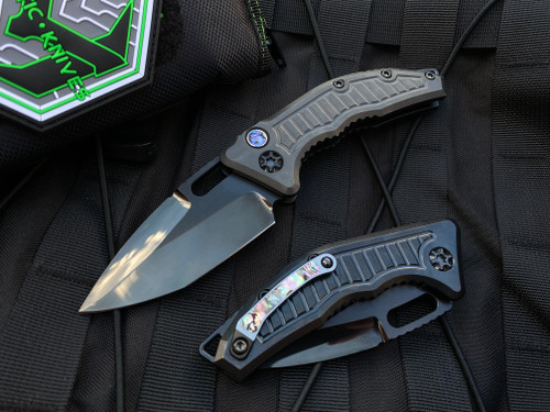 Heretic Knives Custom Medusa Auto Full DLC Titanium Frag Pattern Body and Abalone Inlaid Button and Pocket Clip w/ Hand Ground Stealth Polish Tanto Blade