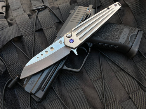 Medford Nosferatu Titanium Manual Flipper Faced Silver Handles w/ Violet Hardware and S35VN Tumbled Blade (3.5”)