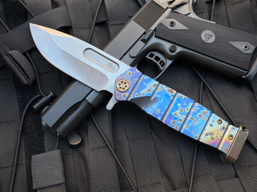 Medford USMC Fighter Flipper Titanium Flamed “Solar Flare” Handles and Bronzed Hardware w/ Flamed “Flare” Pocket Clip and Magnacut Tumbled Blade (4.25”)