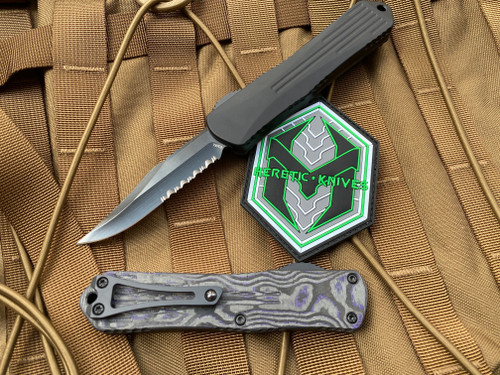 Heretic Knives Manticore E Black w/ Purple Camo Carbon Back Cover and Partially Serrated DLC Bowie Blade (2.55”)