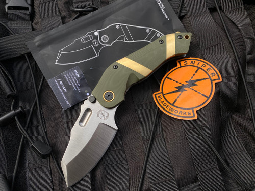 Sniper Blade Works DMF OD Green G10 and Titanium Body w/ Bronze Adornments and Satin Plain Edge Blade (3.65”)