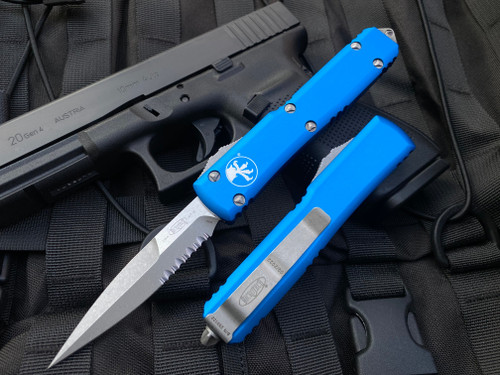Microtech Ultratech Bayonet Blue Aluminum Body w/ Apocalyptic Partially Serrated Blade (3.4”) 120-11APBL