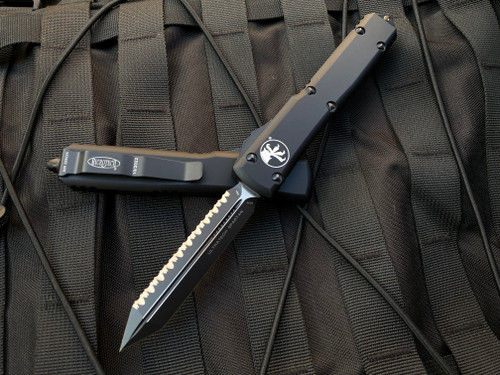 Microtech Ultratech Spartan Tactical Black Aluminum Body w/ Black Hardware and Black Full Serrated Blade (3.4”) 223-3T