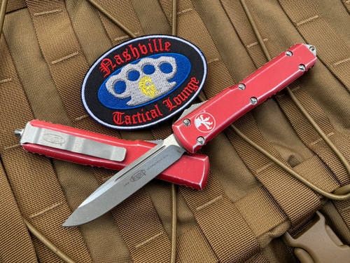 Microtech Ultratech S/E Distressed Red Aluminum Body w/ Stonewashed Plain Edge Blade (3.45”) 121-10DRD