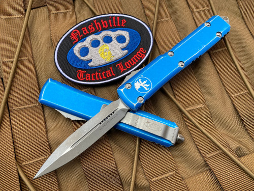 Microtech Ultratech D/E Distressed Blue Aluminum Body w/ Stonewashed Plain Edge Blade (3.4”) 122-10DBL