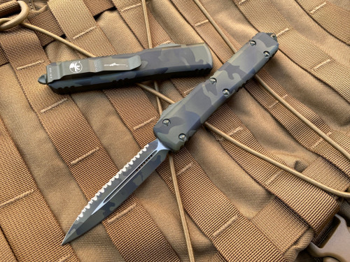 Microtech Ultratech D/E Olive Drab Camo Aluminum Body w/ Olive Drab Camo Full Serrated Blade (3.4”) 122-3OCS