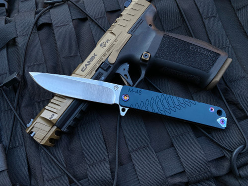 Medford M-48 Flipper Blue Aluminum Top and Tumbled Titanium Spring w/ Flamed Hardware and S35VN Tumbled Blade (3.9”)
