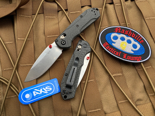 Benchmade Mini Freek Folder Carbon Fiber Scales and True Red Accents w/ Stonewashed Drop Point Plain Edge Blade (3”) 565-1