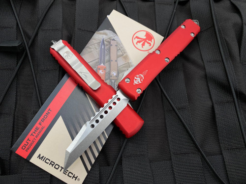 Microtech Ultratech Warhound Red Aluminum Body w/ Stonewashed Plain Edge Blade (3.4”) 119W-10RDS