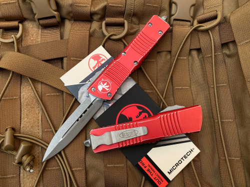 Microtech Combat Troodon D/E Distressed Red Aluminum Body w/ Stonewashed Plain Edge Blade (3.81”) 142-10DRD