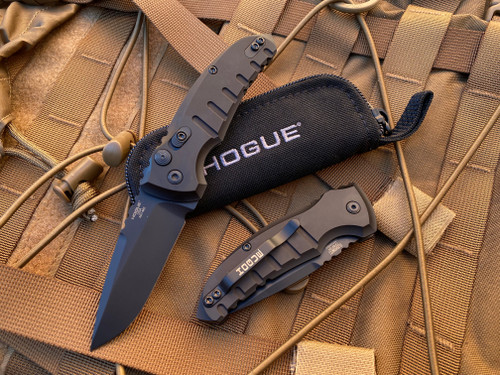 Hogue A01 Microswitch Auto Folder Black Aluminum Body w/ Black Drop Point Plain Edge Blade (2.62”) 24116