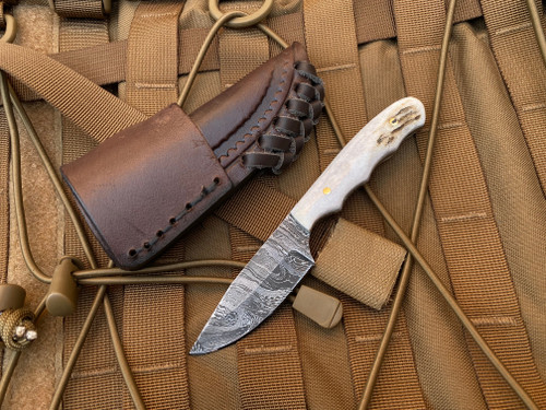 Silver Stag Damascus Series The Guide Elk Antler Handle w/ Damascus Plain Edge Blade (2.5”) DTG2.5