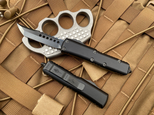 Microtech UTX-85 Hellhound Shadow Black Aluminum Body w/ Black DLC hardware and Plain Edge Blade (3.12”) 719-1DLCTSH