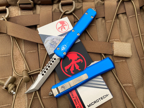 Microtech Ultratech Hellhound Blue Aluminum Body w/ Bronzed Plain Edge Blade (3.4”) 119-13BLS