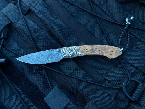 William Henry B12 'Birch' 24K Gold Koftgari Body w/ Masur Birch Wood Inlay and Boomerang Chad Nichols Damascus Plain Edge Blade (3.06”)