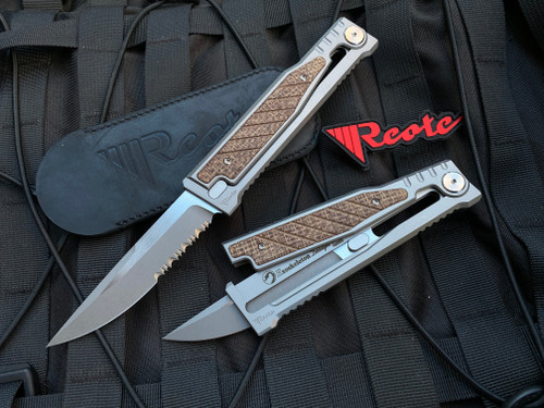 Reate Knives EXO Titanium Burlap Micarta Inlay w/ Stonewashed Drop Point Partially Serrated Blade (3.75”)